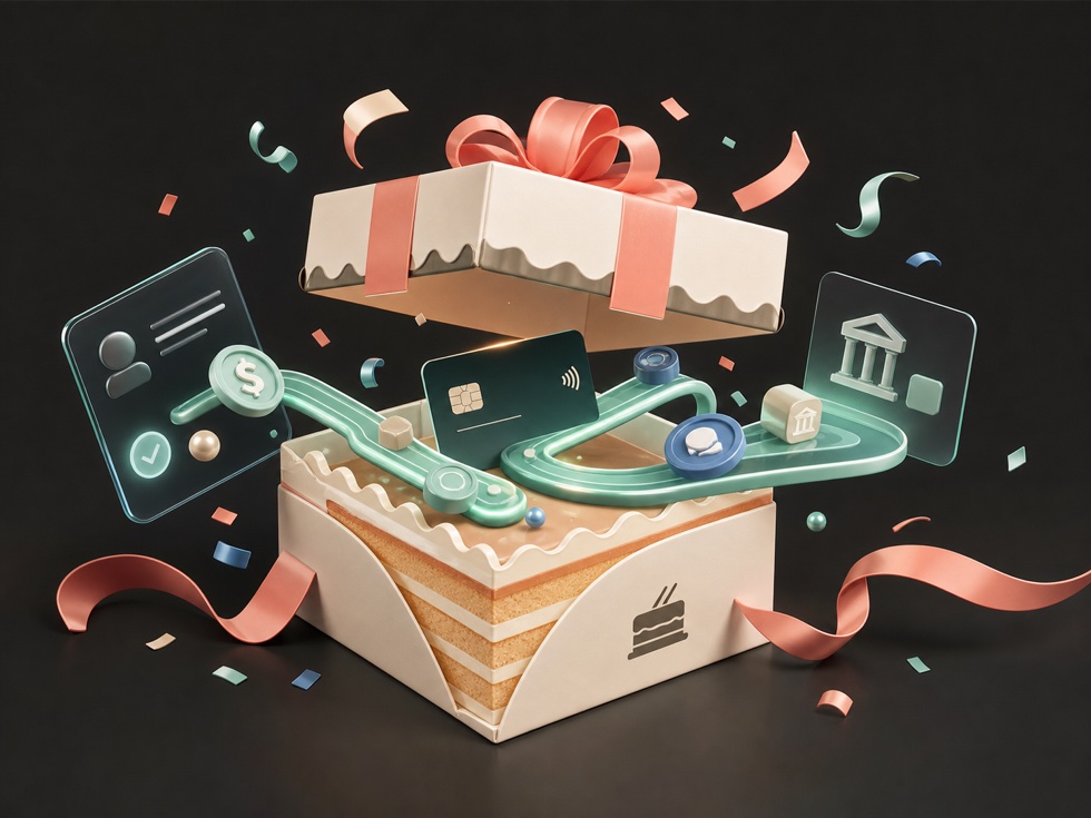 A cake box opening to reveal payment rails and cards