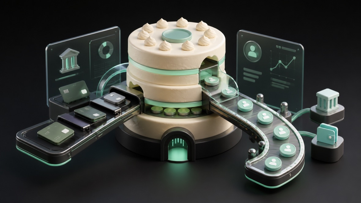 A layered cake-inspired payment flow showing abstract rails between business funding and customer payouts