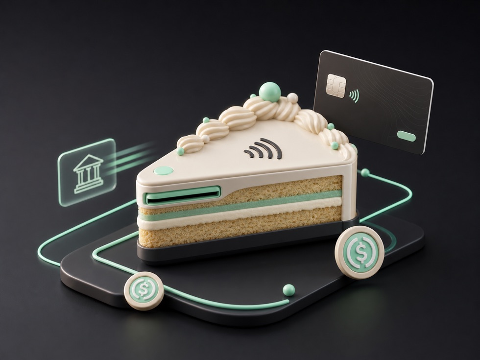 A playful cake-shaped payment terminal with abstract payment rails