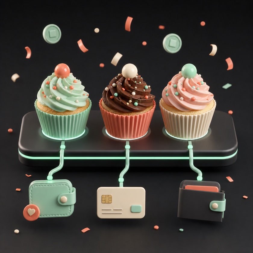 Cupcakes connected to wallet and card payout destinations